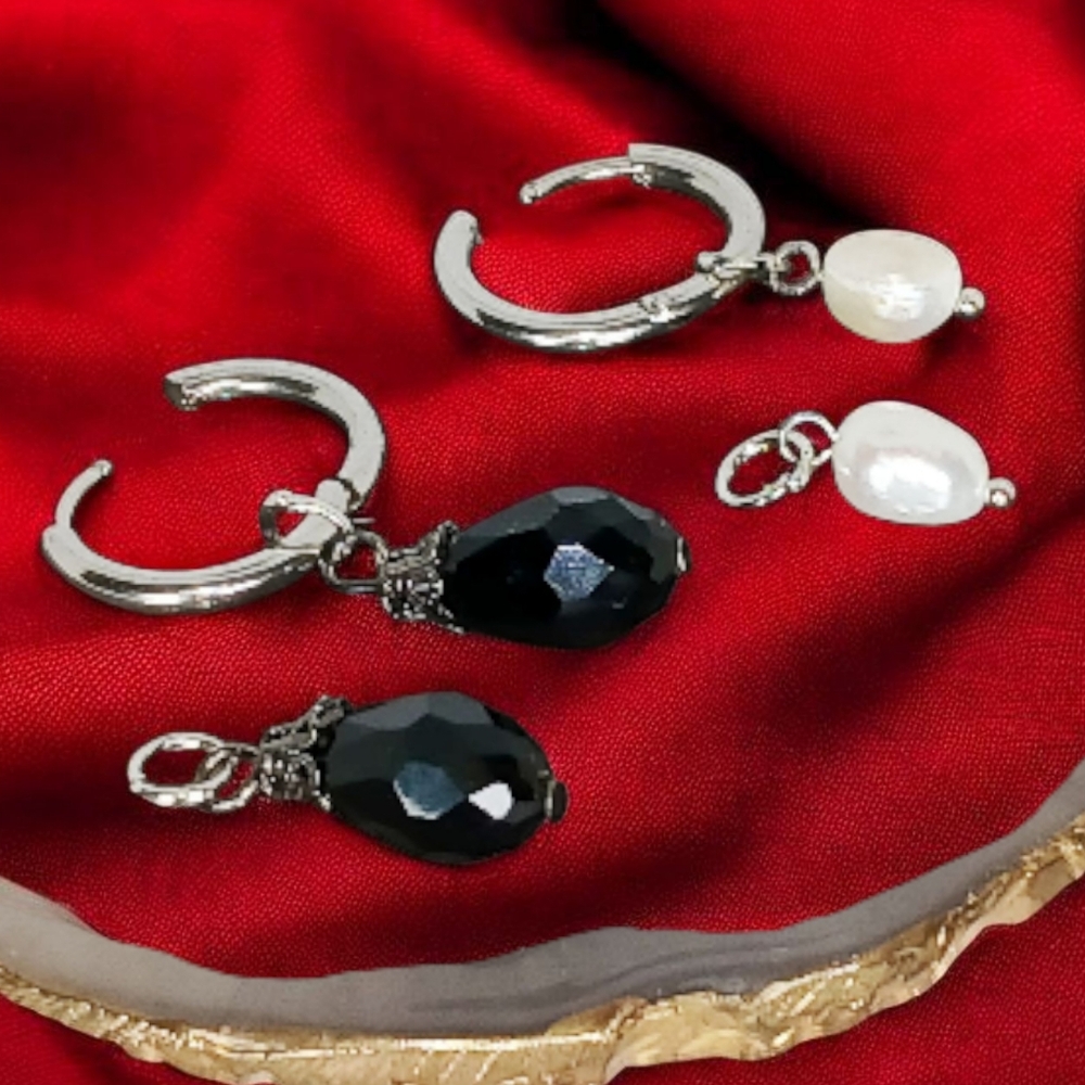 Silver Hoop Earrings Interchangable Pearl & Black Gem Charms New Age Grunge 90s